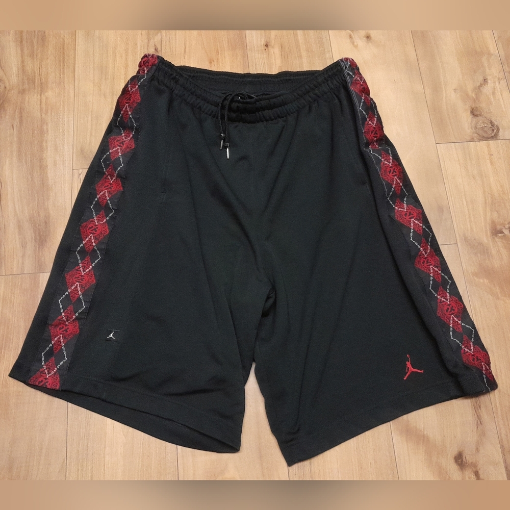 Jordan Black Athletic Shorts with Red Argyle Side Panels Vintage Y2K